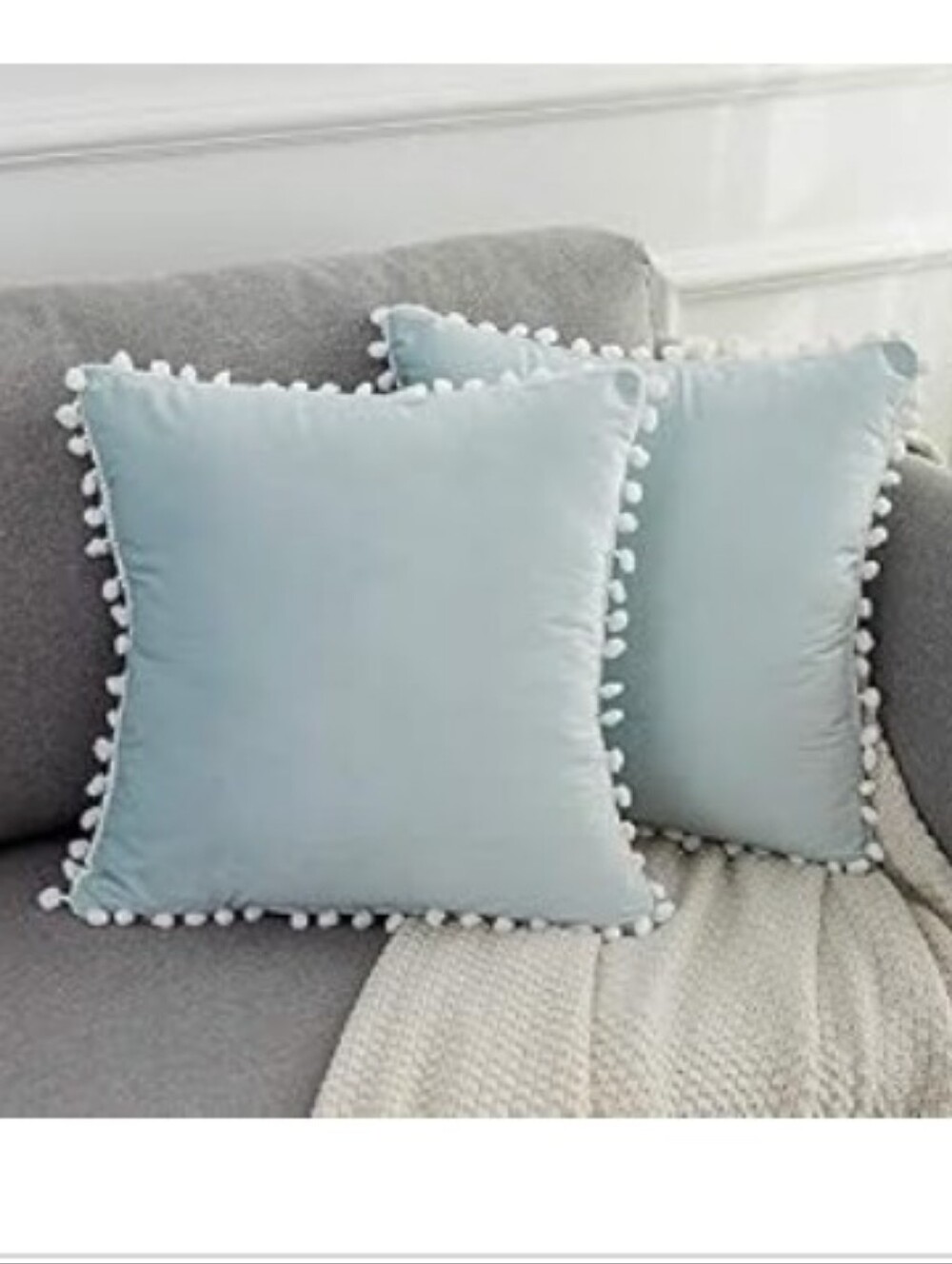 Set Of 2 Light Pale Blue 16" Square Pillow Covers W/ White Pompom Trim